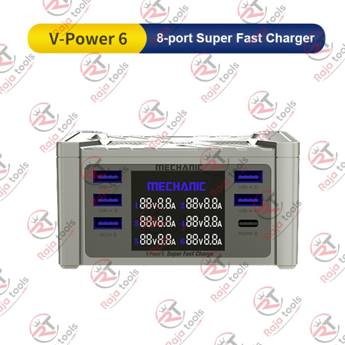 MECHANIC V-Power 6 8-Port Super Fast Charger - Multi-Port Smart Desktop Charging Station